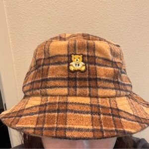 Unisex Teddy Fresh Fuzzy Soft Plaid Bucket Hat with patch - Brown
